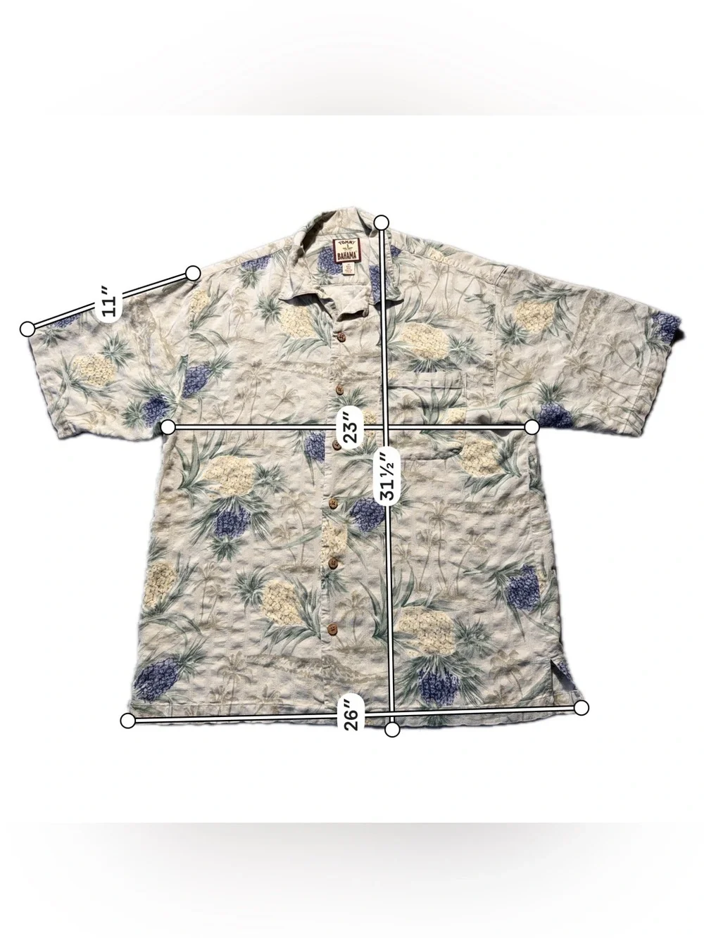 Tommy Bahama Hawaiian Shirt Men Medium Beige Silk Floral Pineapple Casual Resort